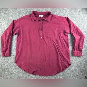 Umgee 100% Cotton Half Button Raw Hem Womens Size XL Long Sleeve Top Maroon